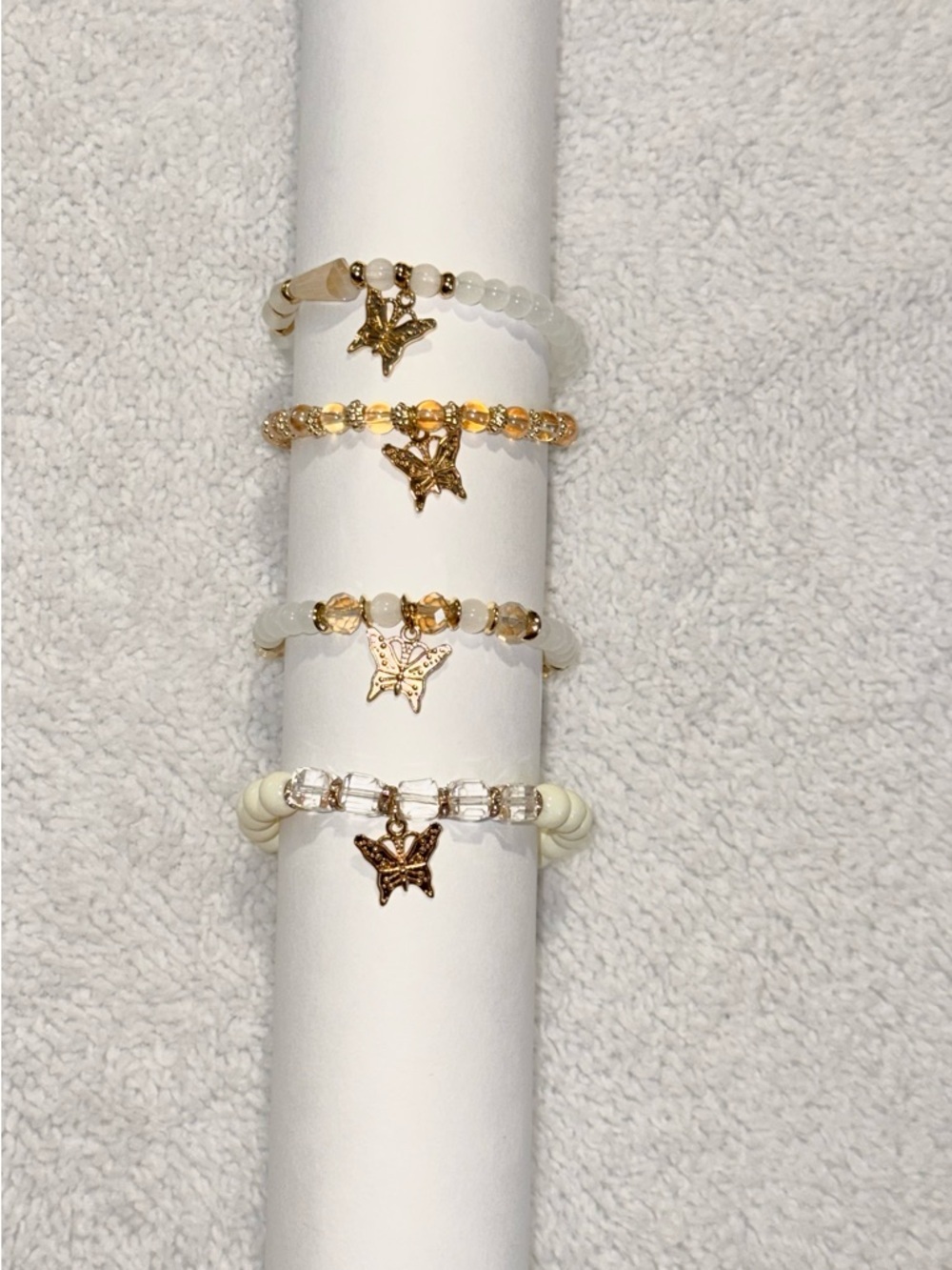 Boho Gold Butterfly Charm Beaded Bracelet Set Stack Cream Amber 4PC Stretch New - Picture 5 of 12